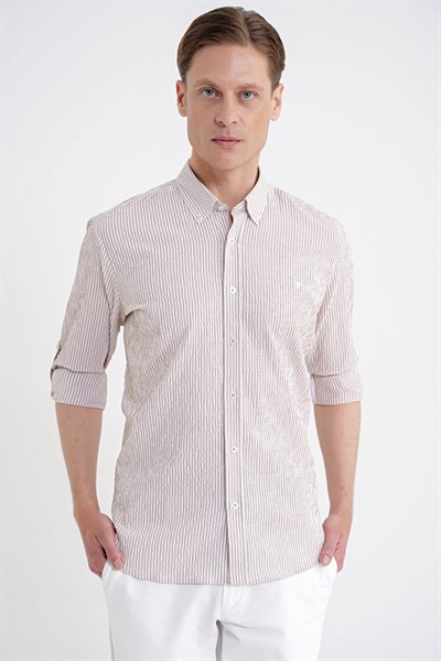 Comfort Fit Katlanır Kol Düğmeli Yaka %100 Pamuk Bej Çizgili Gömlek G 1600