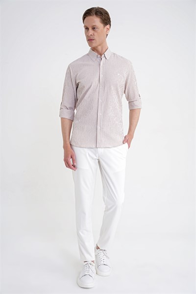 Comfort Fit Katlanır Kol Düğmeli Yaka %100 Pamuk Bej Çizgili Gömlek G 1600