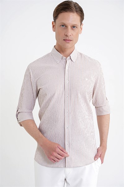 Comfort Fit Katlanır Kol Düğmeli Yaka %100 Pamuk Bej Çizgili Gömlek G 1600