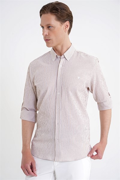 Comfort Fit Katlanır Kol Düğmeli Yaka %100 Pamuk Bej Çizgili Gömlek G 1600