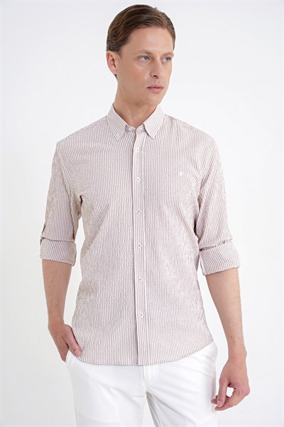 Comfort Fit Katlanır Kol Düğmeli Yaka %100 Pamuk Bej Çizgili Gömlek G 1600