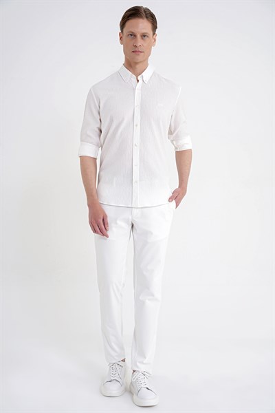 Comfort Fit Katlanır Kol Düğmeli Yaka %100 Pamuk Ekru Çizgili Gömlek G 1600