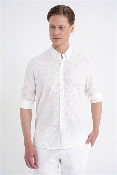 Comfort Fit Katlanır Kol Düğmeli Yaka %100 Pamuk Ekru Çizgili Gömlek G 1600