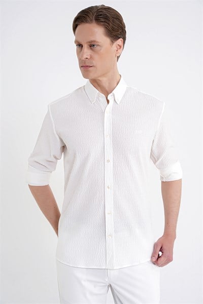 Comfort Fit Katlanır Kol Düğmeli Yaka %100 Pamuk Ekru Çizgili Gömlek G 1600
