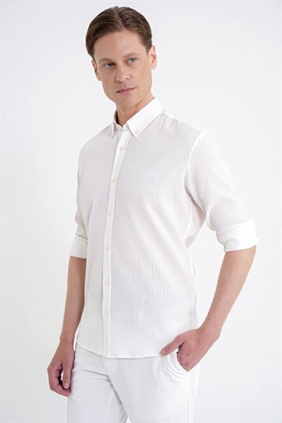Comfort Fit Katlanır Kol Düğmeli Yaka %100 Pamuk Ekru Çizgili Gömlek G 1600