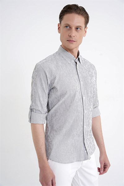 Comfort Fit Katlanır Kol Düğmeli Yaka %100 Pamuk Haki Çizgili Gömlek G 1600