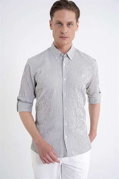 Comfort Fit Katlanır Kol Düğmeli Yaka %100 Pamuk Haki Çizgili Gömlek G 1600