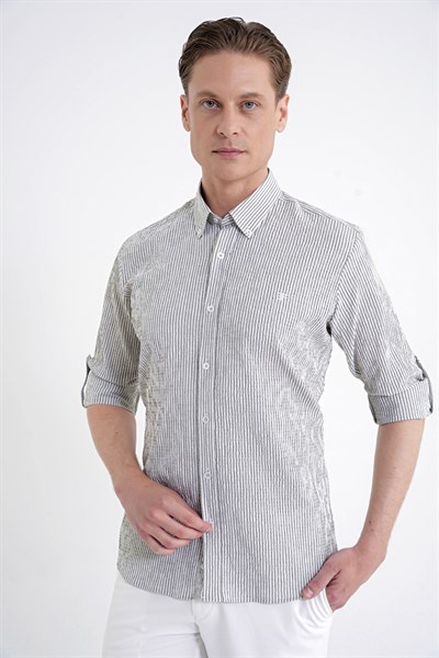 Comfort Fit Katlanır Kol Düğmeli Yaka %100 Pamuk Haki Çizgili Gömlek G 1600