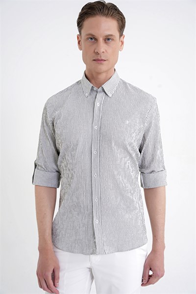 Comfort Fit Katlanır Kol Düğmeli Yaka %100 Pamuk Haki Çizgili Gömlek G 1600