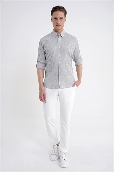 Comfort Fit Katlanır Kol Düğmeli Yaka %100 Pamuk Haki Çizgili Gömlek G 1600