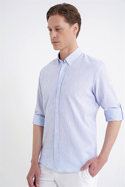 Comfort Fit Katlanır Kol Düğmeli Yaka %100 Pamuk Mavi Beyaz Çizgili Gömlek G 1600