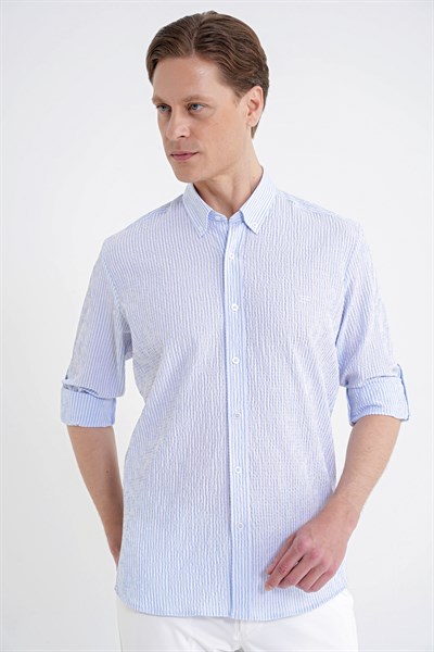 Comfort Fit Katlanır Kol Düğmeli Yaka %100 Pamuk Mavi Beyaz Çizgili Gömlek G 1600