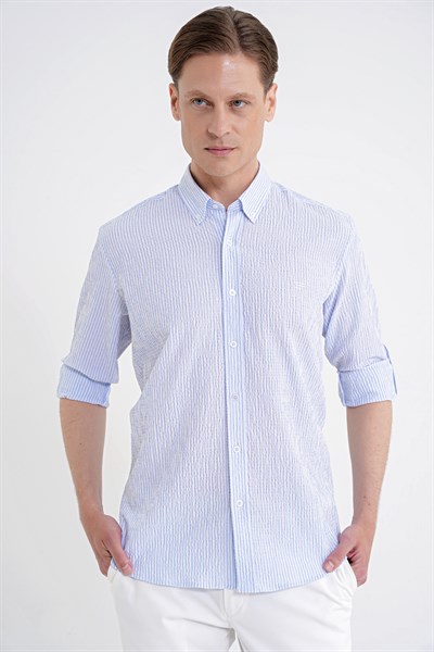 Comfort Fit Katlanır Kol Düğmeli Yaka %100 Pamuk Mavi Beyaz Çizgili Gömlek G 1600