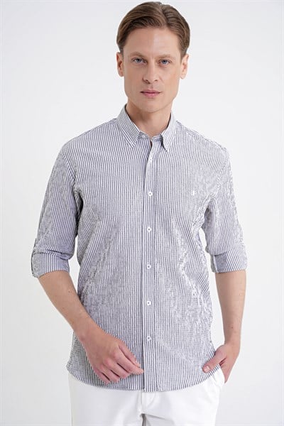 Comfort Fit Katlanır Kol Düğmeli Yaka %100 Pamuk Siyah Beyaz Çizgili Gömlek G 1600