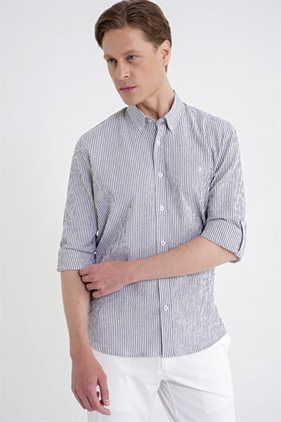 Comfort Fit Katlanır Kol Düğmeli Yaka %100 Pamuk Siyah Beyaz Çizgili Gömlek G 1600