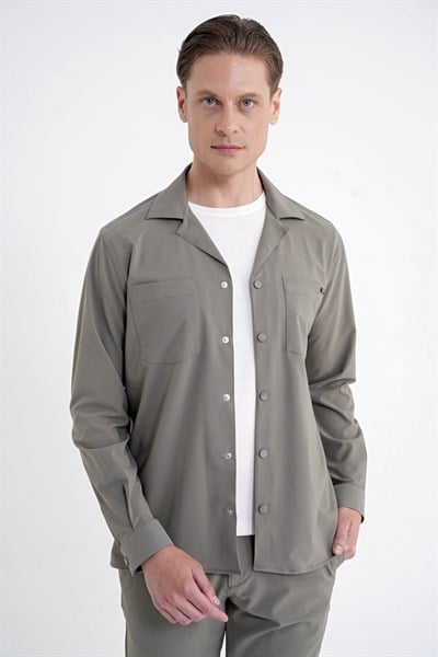 Comfort Fit Apaş Yaka  Doku Desenli %100 Pamuk Haki Gömlek Ceket G 1601