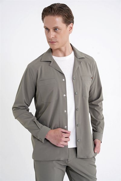 Comfort Fit Apaş Yaka  Doku Desenli %100 Pamuk Haki Gömlek Ceket G 1601