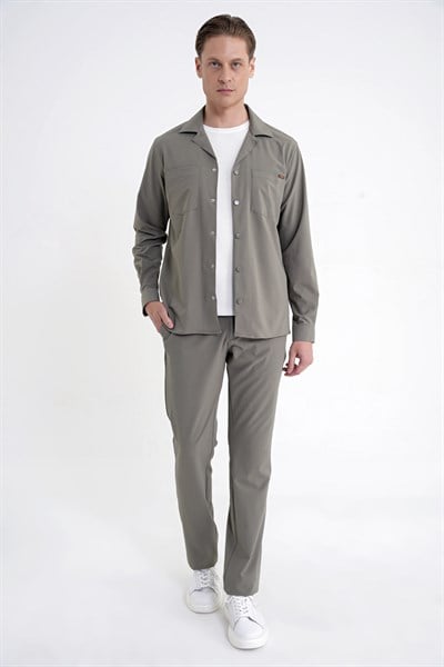 Comfort Fit Apaş Yaka  Doku Desenli %100 Pamuk Haki Gömlek Ceket G 1601