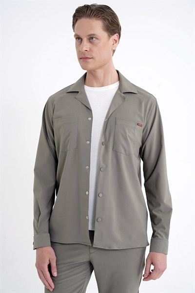 Comfort Fit Apaş Yaka  Doku Desenli %100 Pamuk Haki Gömlek Ceket G 1601