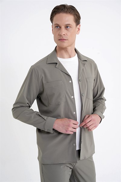 Comfort Fit Apaş Yaka  Doku Desenli %100 Pamuk Haki Gömlek Ceket G 1601