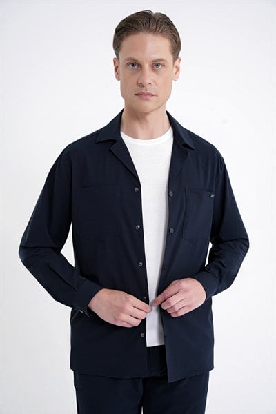 Comfort Fit Apaş Yaka  Doku Desenli %100 Pamuk Lacivert Gömlek Ceket G 1601