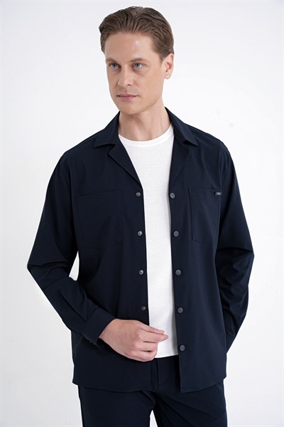 Comfort Fit Apaş Yaka  Doku Desenli %100 Pamuk Lacivert Gömlek Ceket G 1601