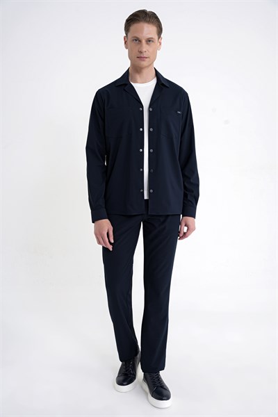 Comfort Fit Apaş Yaka  Doku Desenli %100 Pamuk Lacivert Gömlek Ceket G 1601