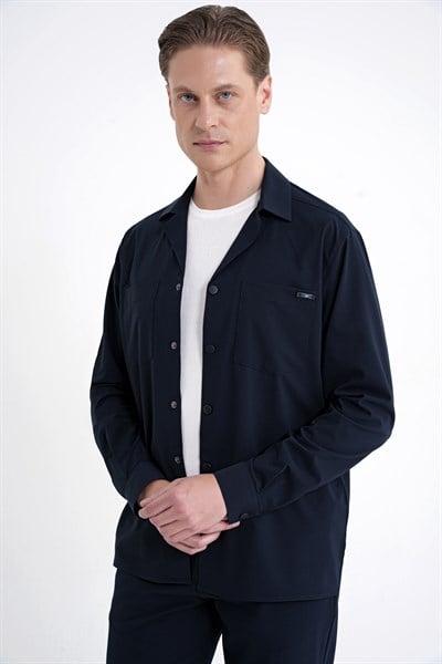 Comfort Fit Apaş Yaka  Doku Desenli %100 Pamuk Lacivert Gömlek Ceket G 1601