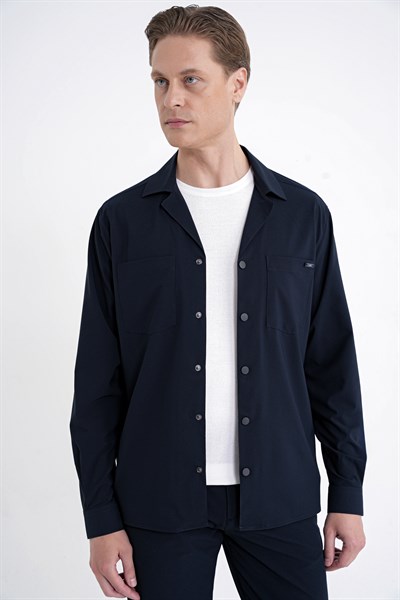 Comfort Fit Apaş Yaka  Doku Desenli %100 Pamuk Lacivert Gömlek Ceket G 1601