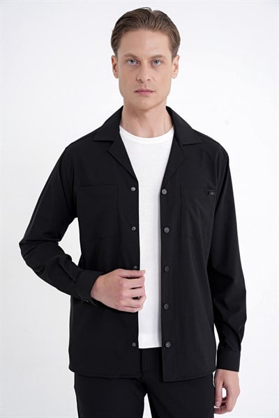 Comfort Fit Apaş Yaka  Doku Desenli %100 Pamuk Siyah Gömlek Ceket G 1601