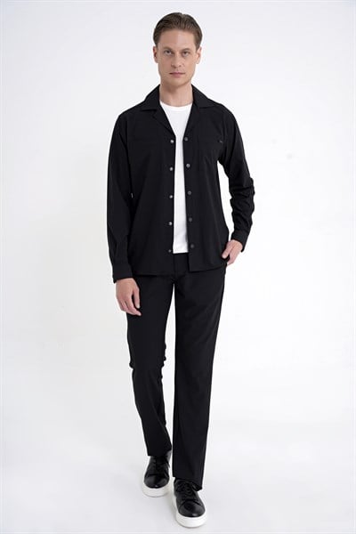 Comfort Fit Apaş Yaka  Doku Desenli %100 Pamuk Siyah Gömlek Ceket G 1601