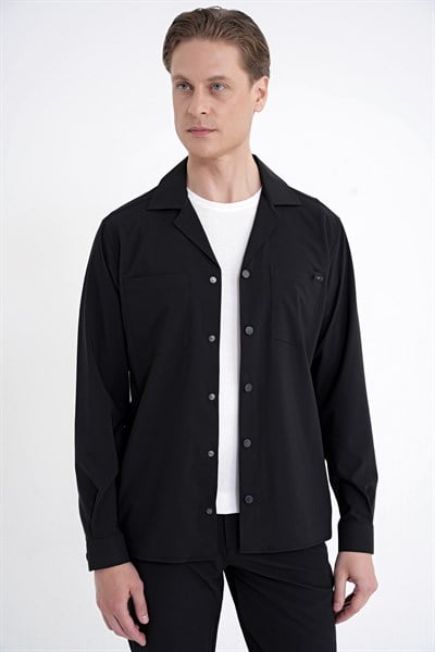 Comfort Fit Apaş Yaka  Doku Desenli %100 Pamuk Siyah Gömlek Ceket G 1601