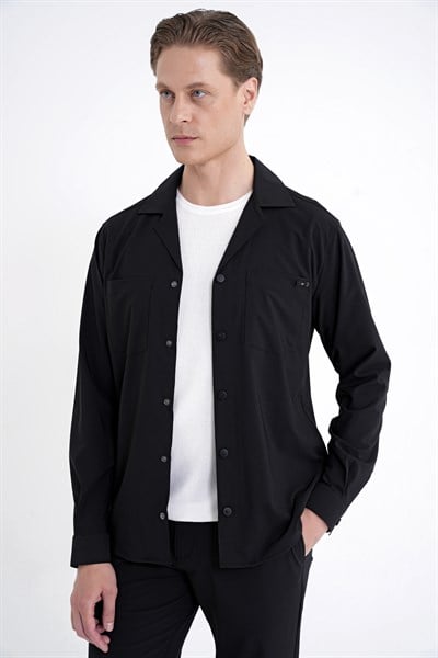 Comfort Fit Apaş Yaka  Doku Desenli %100 Pamuk Siyah Gömlek Ceket G 1601