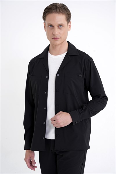 Comfort Fit Apaş Yaka  Doku Desenli %100 Pamuk Siyah Gömlek Ceket G 1601