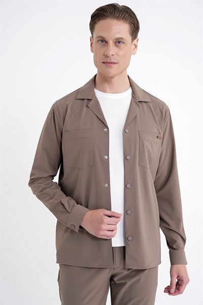 Comfort Fit Apaş Yaka  Doku Desenli %100 Pamuk Vizon Gömlek Ceket G 1601