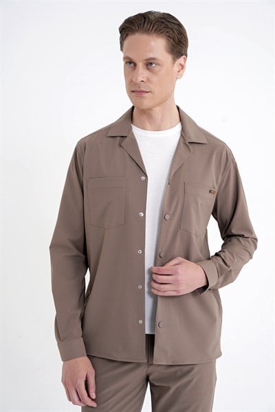 Comfort Fit Apaş Yaka  Doku Desenli %100 Pamuk Vizon Gömlek Ceket G 1601