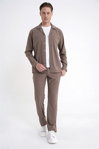 Comfort Fit Apaş Yaka  Doku Desenli %100 Pamuk Vizon Gömlek Ceket G 1601