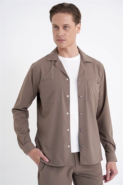 Comfort Fit Apaş Yaka  Doku Desenli %100 Pamuk Vizon Gömlek Ceket G 1601