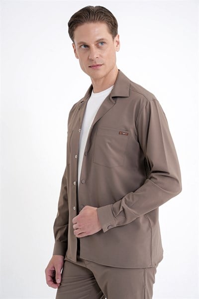 Comfort Fit Apaş Yaka  Doku Desenli %100 Pamuk Vizon Gömlek Ceket G 1601