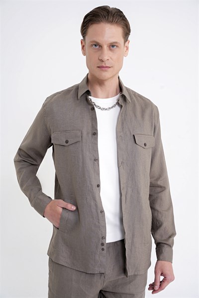 Comfort Fit Yan Cepli %100 Keten Haki Gömlek Ceket G 1602