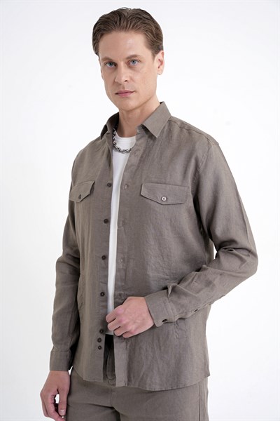 Comfort Fit Yan Cepli %100 Keten Haki Gömlek Ceket G 1602