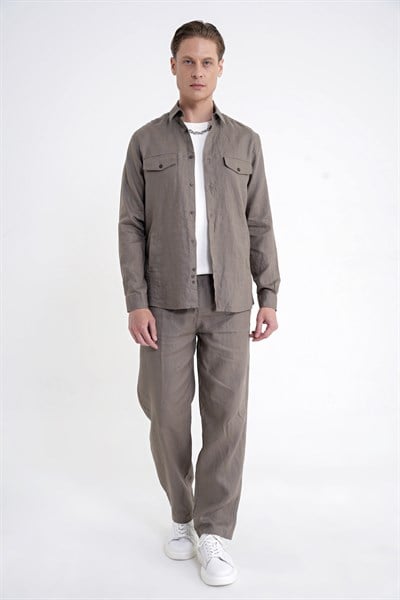 Comfort Fit Yan Cepli %100 Keten Haki Gömlek Ceket G 1602
