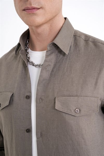 Comfort Fit Yan Cepli %100 Keten Haki Gömlek Ceket G 1602