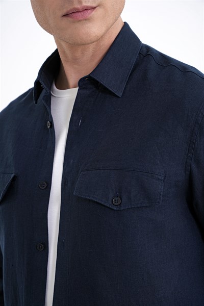 Comfort Fit Yan Cepli %100 Keten Lacivert Gömlek Ceket G 1602