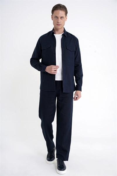 Comfort Fit Yan Cepli %100 Keten Lacivert Gömlek Ceket G 1602