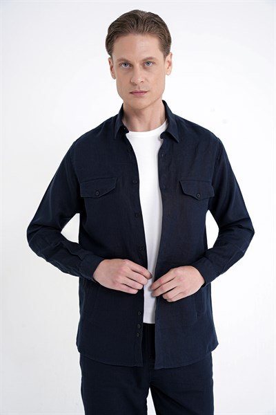 Comfort Fit Yan Cepli %100 Keten Lacivert Gömlek Ceket G 1602