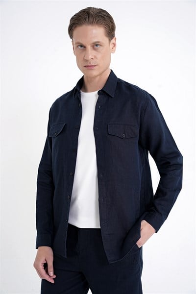 Comfort Fit Yan Cepli %100 Keten Lacivert Gömlek Ceket G 1602
