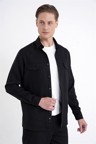 Comfort Fit Yan Cepli %100 Keten Siyah Gömlek Ceket G 1602