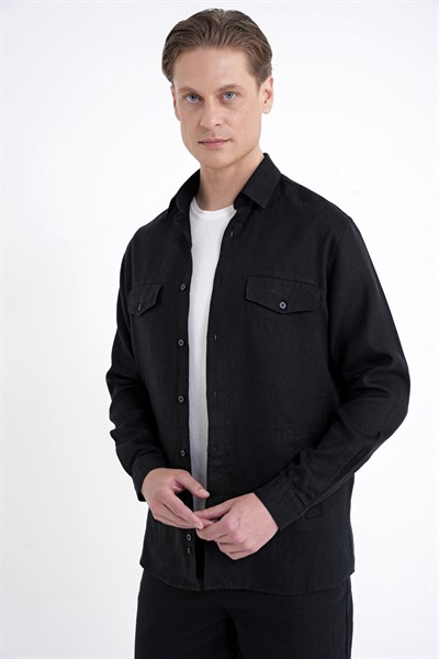 Comfort Fit Yan Cepli %100 Keten Siyah Gömlek Ceket G 1602