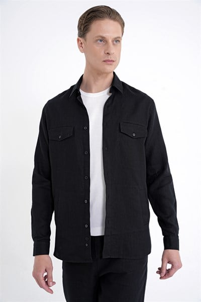 Comfort Fit Yan Cepli %100 Keten Siyah Gömlek Ceket G 1602